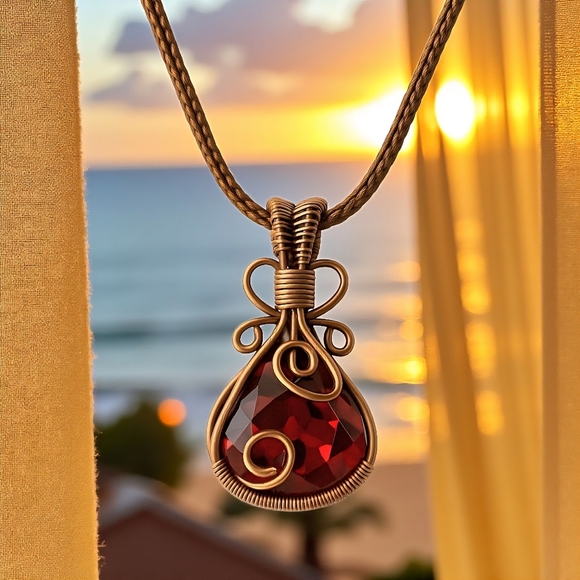 Boho Chic Genuine Garnet Copper Wire Wrapped Pendant Statement Necklace - Picture 5 of 13